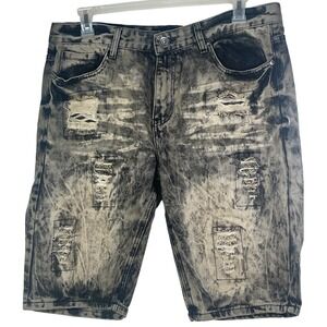 Road Narrows 36 Acid Wash Distressed Denim Shorts Grey Black 90s hiphop grunge